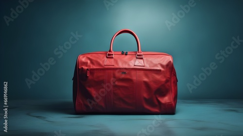 Photography of a Red traveler suitcase on a minimal blue - color background