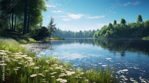 A peaceful lake  surrounded by tall trees and a few scattered wildflowers The sky is a brilliant blue  and the sun is shining brightly