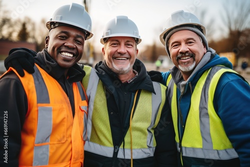 Multiethnic men builders in reflective vests and helmets pose for photo smiling during work break. Cheerful workers friends in warm uniforms stand on construction site with operating tractor