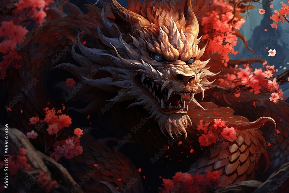 Illustration of a fierce Chinese dragon. Chinese New Year. Ai genrative