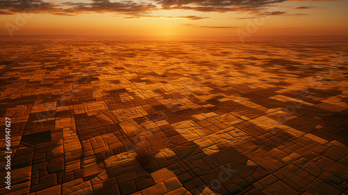 A patchwork of fields and farms spreads out into the distance, the setting sun creating a breathtaking blanket of orange and gold