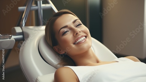 Smiling patient in the dentist's chair. Ai genrative