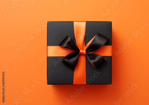 Top view black and orange gift box with orange satin ribbon bow on isolated orange background © Bold24