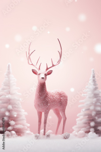 Decorative pink glitter Christmas deer with Christmas trees. AI Generative. © Alina