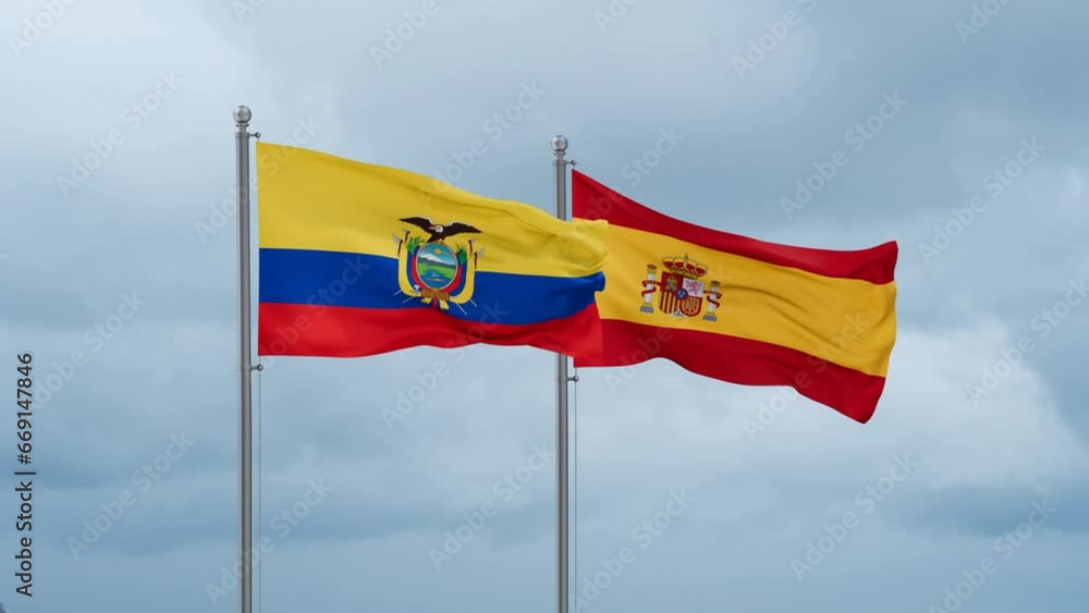 Spain and Ecuador flag waving together on cloudy sky, endless seamless loop, two country cooperation concept Spain and Ecuador flag waving together on cloudy sky, endless seamless loop, two country cooperation concept