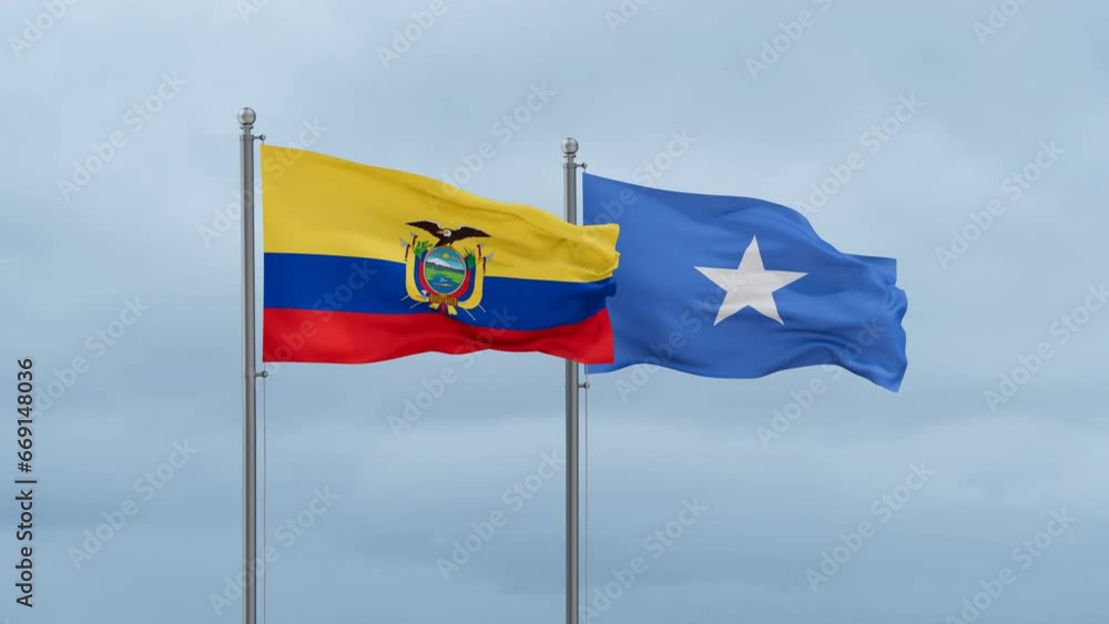 Somalia and Ecuador flag waving together on cloudy sky, endless seamless loop, two country cooperation concept Somalia and Ecuador flag waving together on cloudy sky, endless seamless loop, two country cooperation concept