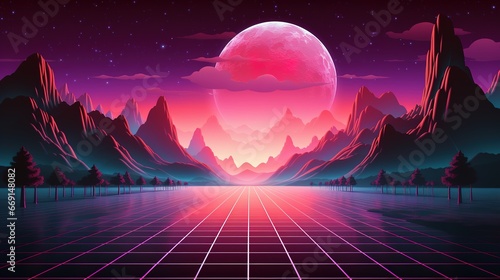 Synthwave retro cyberpunk style landscape background banner or wallpaper. Bright neon pink and purple colors. Ai generative photo