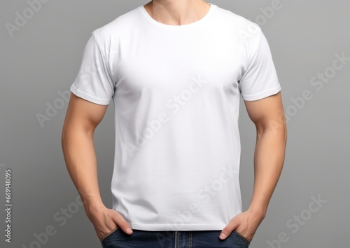 T-shirt design and people concept - close up tshirt mockup of young man in blank white tshirt front and rear isolated background. Mock up template for print design