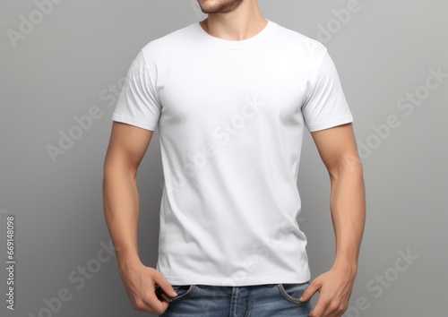 T-shirt design and people concept - close up tshirt mockup of young man in blank white tshirt front and rear isolated background. Mock up template for print design