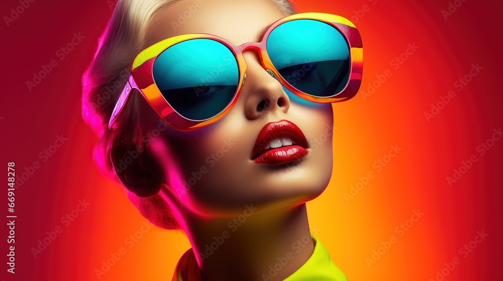Portrait of a happy fair-haired woman in sunglasses Colourful psychedelic 1970s. AI generative. Portrait of a happy fair-haired woman in sunglasses Colourful psychedelic 1970s. AI generative.