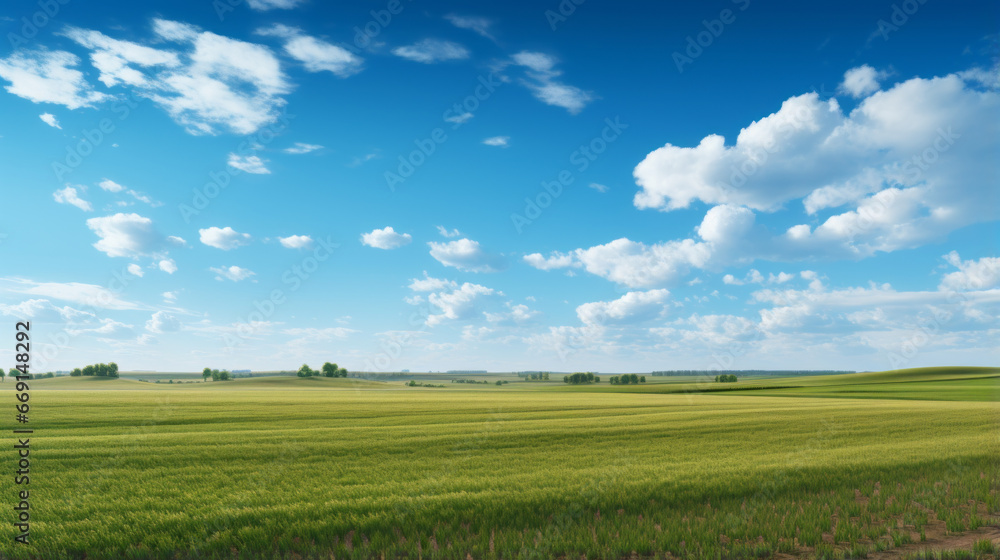 A patchwork of farmland, stretching out to the horizon, with a blue sky above