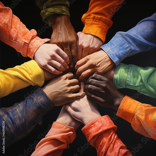 Many hands of different races and ethnicities. United for equality: Diverse youth fighting against discrimination. Ai generative