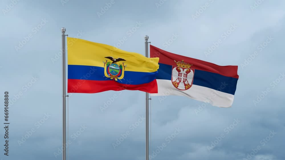 Republic of Serbia and Ecuador flag waving together on cloudy sky, endless seamless loop, two country cooperation concept Republic of Serbia and Ecuador flag waving together on cloudy sky, endless seamless loop, two country cooperation concept