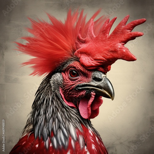Humorous Portrait of Rooster with Red Mohawk in Photorealistic Style