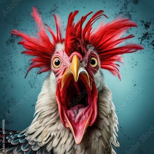 Grotesque Caricature of Chicken with Red and White Hair on Dark Background