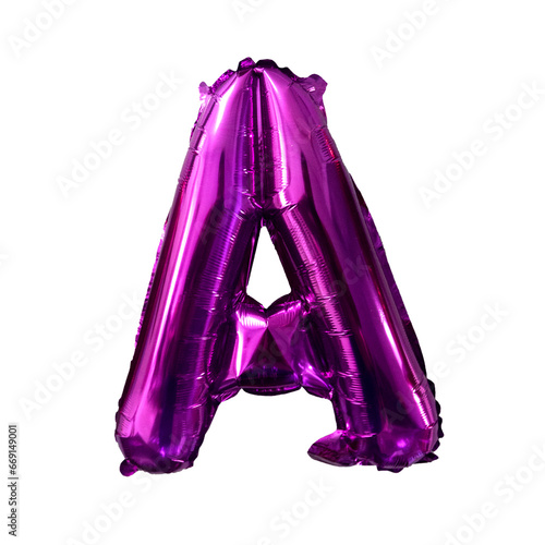 Purple foil balloon alphabet A isolated on white. Birthday greeting card. Anniversary concept.
