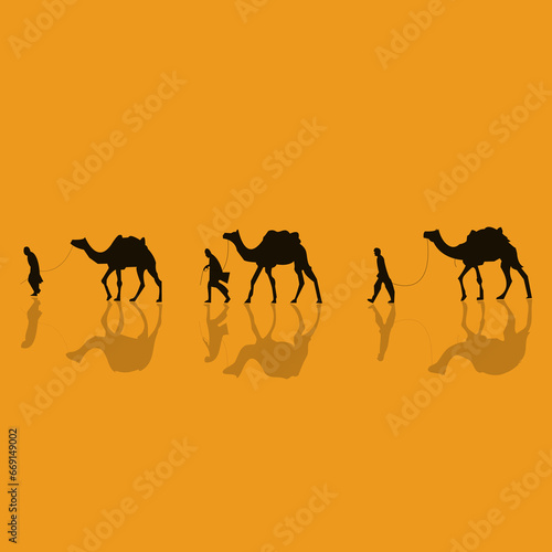 Camel caravan walk sand desert. Flat vector graphic. Hot wild dune. Hard travel ride. Sun heat art. Camels convoy black dark silhouette. Arab group trip. Yellow orange background design. Cameleer tour