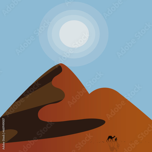 Camel caravan walk sand desert. Flat vector graphic. Hot wild dune. Hard travel ride. Sun heat sky art. Camels convoy black silhouette. Arab group trip. Yellow background design. Sunny cameleer tour.