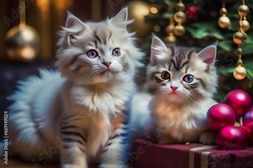 Beautiful cute kittens with Christmas gifts in a festive interior © abrilla