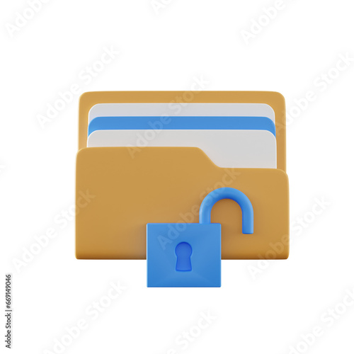 3d illustration of folder icon with opened padlock