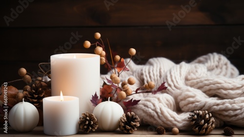 christmas decoration with candle and holly on black isolated background 