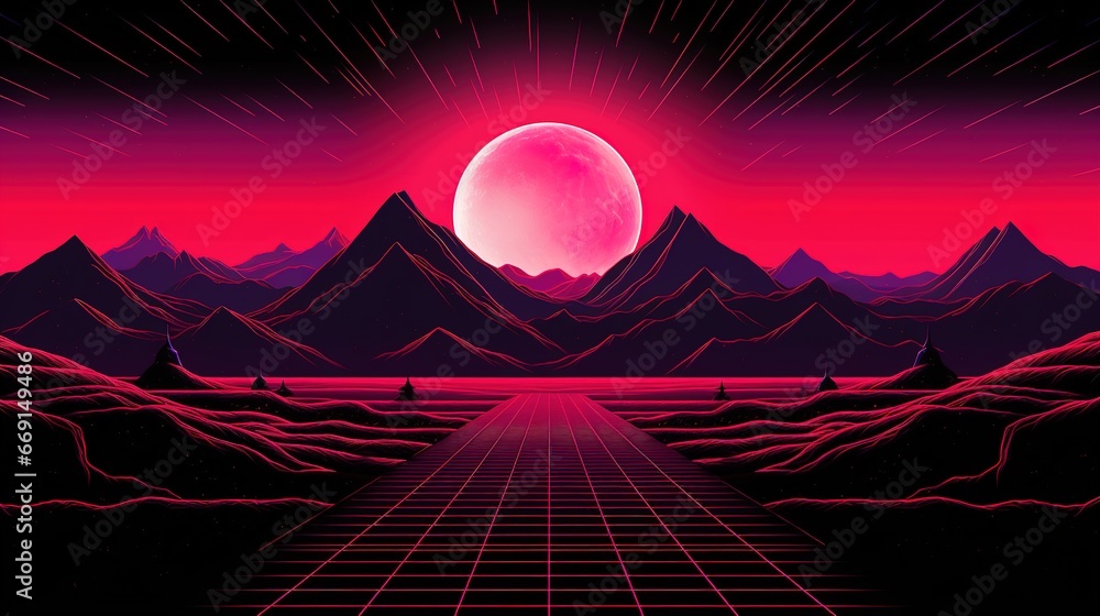 Synthwave retro cyberpunk style landscape background banner or wallpaper. Bright neon pink and purple colors. Ai generative