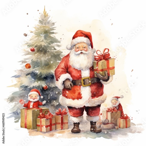 Santa Claus near a green New Year tree with toys  gifts nearby on a white isolated background in watercolor style
