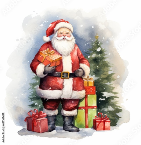 Santa Claus near a green New Year tree with toys, gifts nearby on a white isolated background in watercolor style