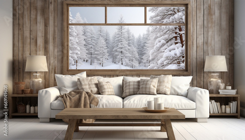 Scandinavian living room illustration. warmth at comfortable home. Winter outside in windows. Nordic style 3D interior with furnishing on background winter landscape trough window. Cozy cottage photo