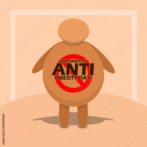 Fat person icon with bold text and prohibition sign on his stomach in frame on light brown background to commemorate National Anti Obesity Day on November 26