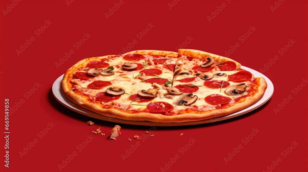 Delicious pizza on a bright red background, created with Generative AI technology. Delicious pizza on a bright red background, created with Generative AI technology.