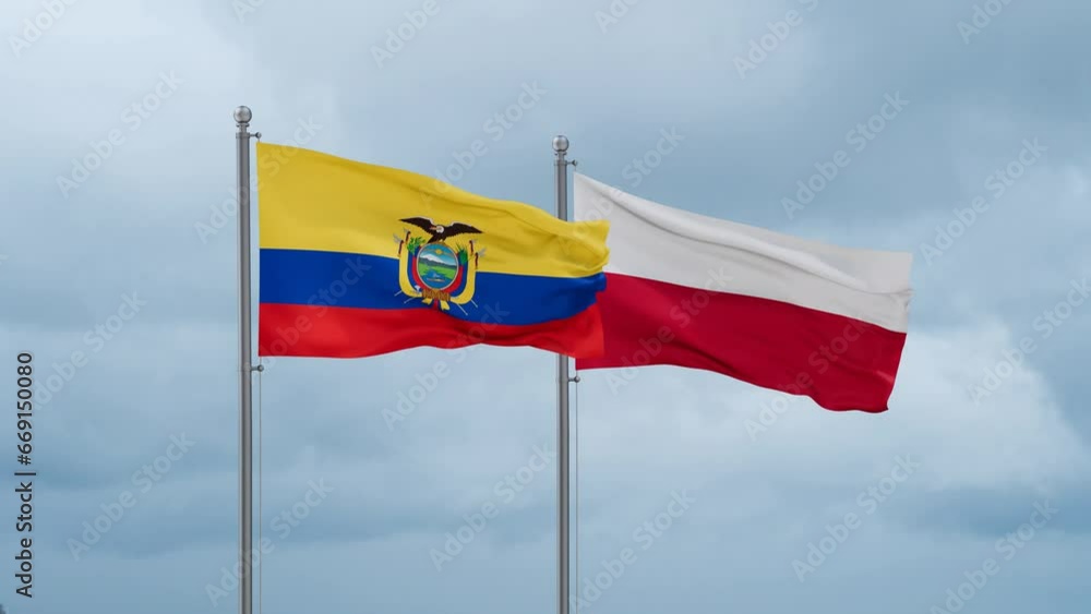 Poland and Ecuador flag waving together on cloudy sky, endless seamless loop, two country cooperation concept Poland and Ecuador flag waving together on cloudy sky, endless seamless loop, two country cooperation concept