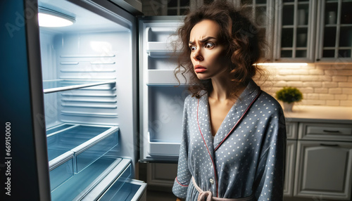 Woman looks into empty refrigerator photo