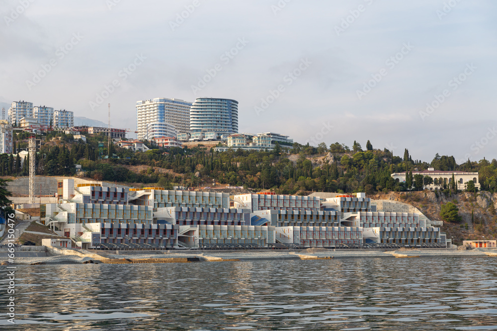 Summer boat trip to the rocks of Adalary and Mount Ayu-Dag (Bear) in the village of Gurzuf. Crimea, Russia. 31.08.2023