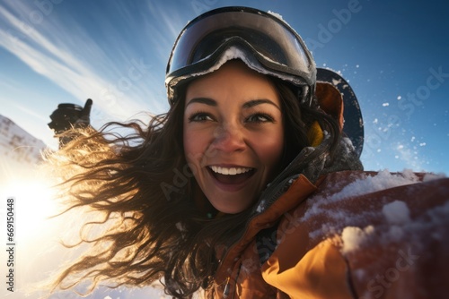 Caucasian Female Winter Boarder Ridin Backdrop Generative AI photo