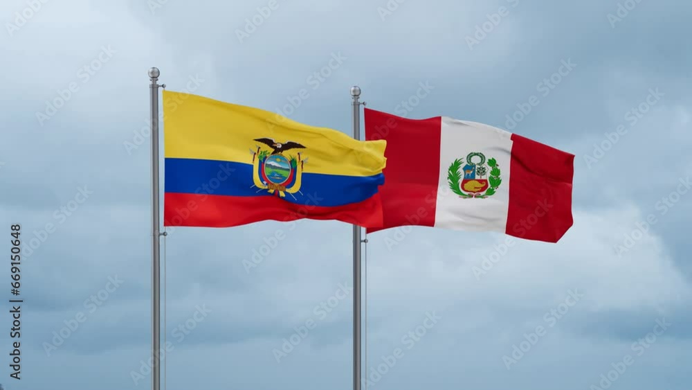 Peru and Ecuador flag waving together on cloudy sky, endless seamless loop, two country cooperation concept Peru and Ecuador flag waving together on cloudy sky, endless seamless loop, two country cooperation concept