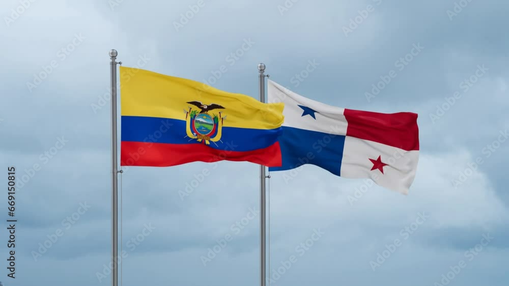 Panama flag and Ecuador flag waving together on cloudy sky, endless seamless loop, two country relations concept Panama flag and Ecuador flag waving together on cloudy sky, endless seamless loop, two country relations concept