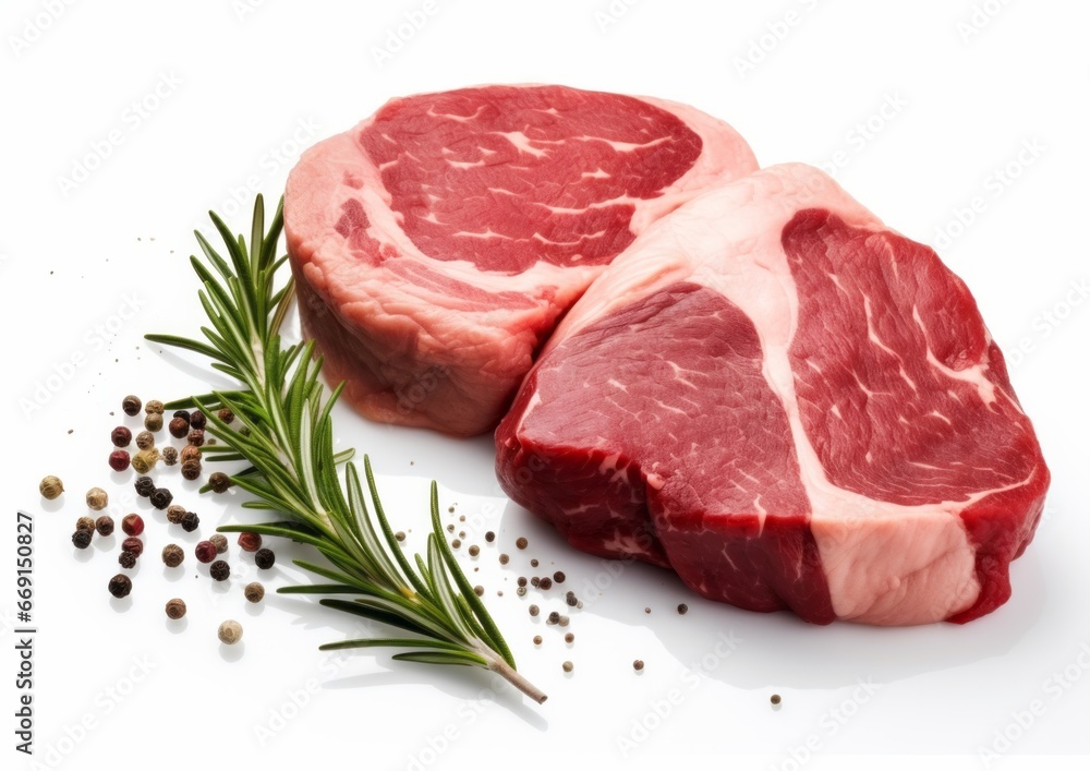 Tasty fresh raw rib eye beef steak with pepper and herbs on a wooden background in a butcher shop