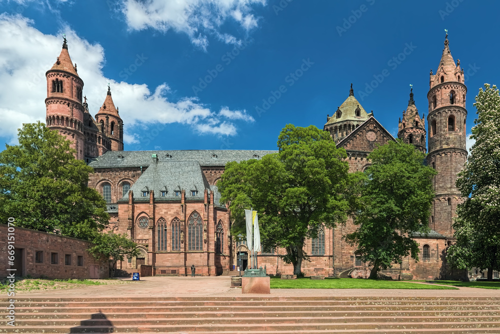Worms Cathedral, Germany. The cathedral was built from about 1130 to 1181. This is one of the three Rhenish imperial cathedrals besides the Mainz Cathedral and Speyer Cathedral.