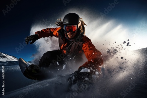 Caucasian Male Snowboarder Stomping Setting Generative AI © Johnathan