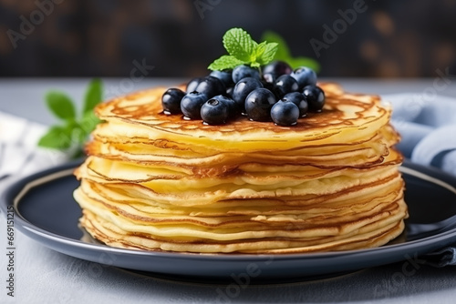 Golden Pancake Stack Topped with Blueberries and Syrup