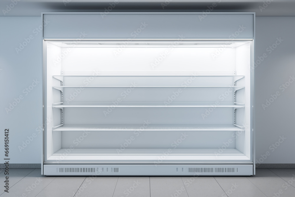 Brightly Illuminated Commercial Refrigeration Display with Empty Shelves Brightly Illuminated Commercial Refrigeration Display with Empty Shelves