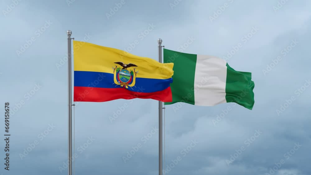Nigeria flag and Ecuador flag waving together on cloudy sky, endless seamless loop, two country relations concept Nigeria flag and Ecuador flag waving together on cloudy sky, endless seamless loop, two country relations concept