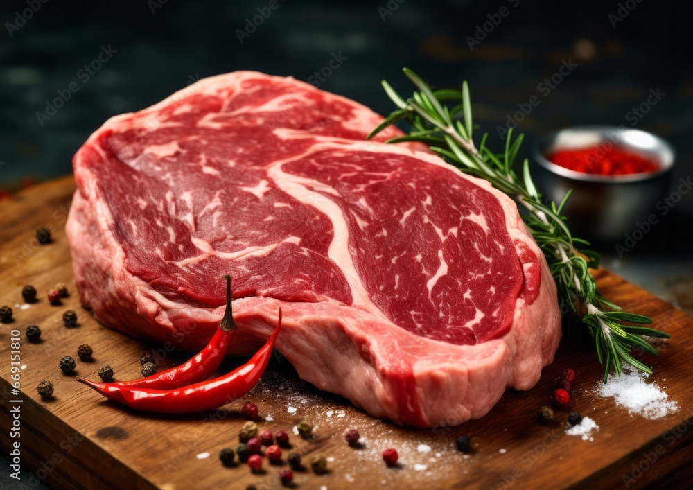 Tasty fresh raw rib eye beef steak with pepper and herbs on a wooden background in a butcher shop