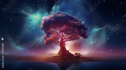 Magical tree with neon glows amidst colorful night sky illuminated by celestial lights symbolizing magic of making wishes upon stars and pursuing dreams in dreamlike landscape