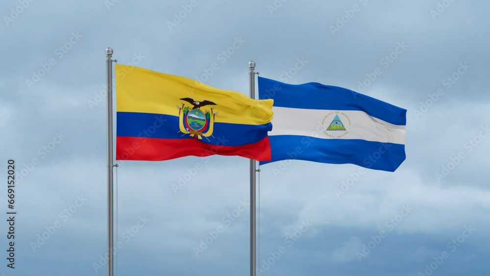 Nicaragua flag and Ecuador flag waving together on cloudy sky, endless seamless loop, two country relations concept Nicaragua flag and Ecuador flag waving together on cloudy sky, endless seamless loop, two country relations concept