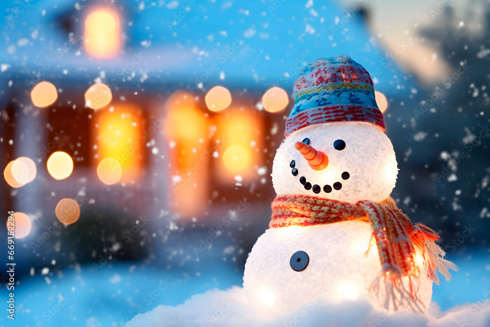 Christmas snowman, decked out in colorful scarf and hat, is the perfect host for the festive season.