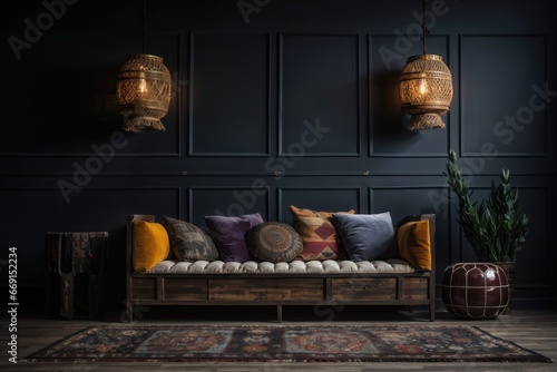 A living room with velvet sofa, Moroccan poufs, kilim pillows. Moroccan Inspired Living Room photo