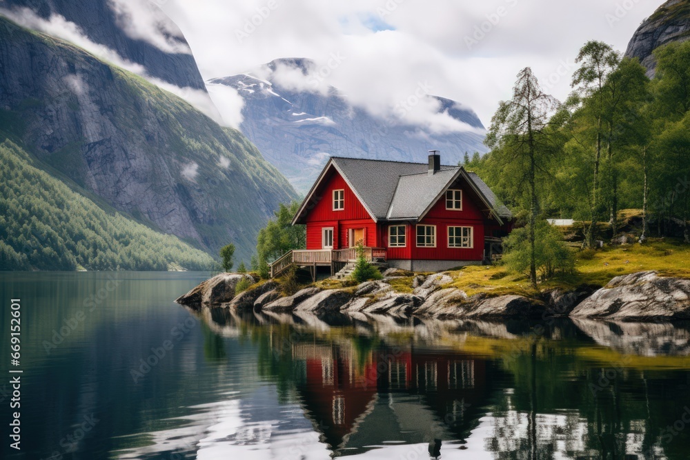 Obraz premium A small wooden house in a coniferous forest on the shore of a lake. A place for privacy and escape from the bustle of the city. House in a national park on the shore of a picturesque lake.