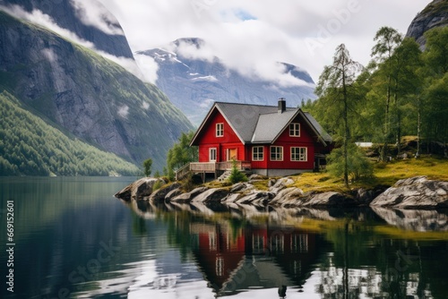 A small wooden house in a coniferous forest on the shore of a lake. A place for privacy and escape from the bustle of the city. House in a national park on the shore of a picturesque lake. © Stavros